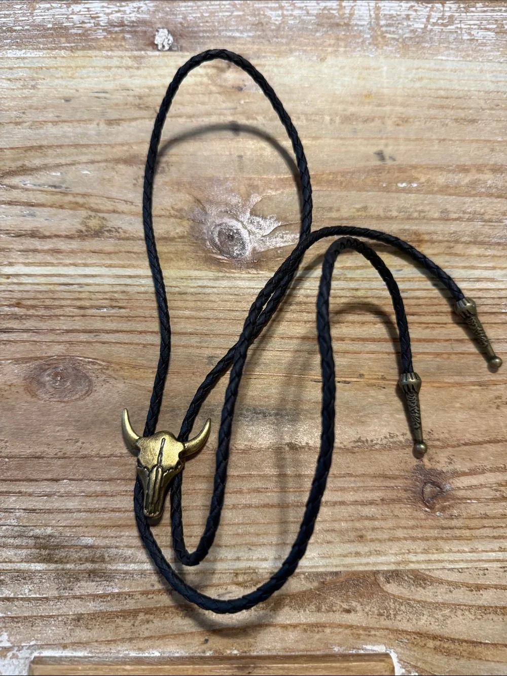 Vintage Black Leather Gold Tone Bull Cowboy Bolo Western Tie
